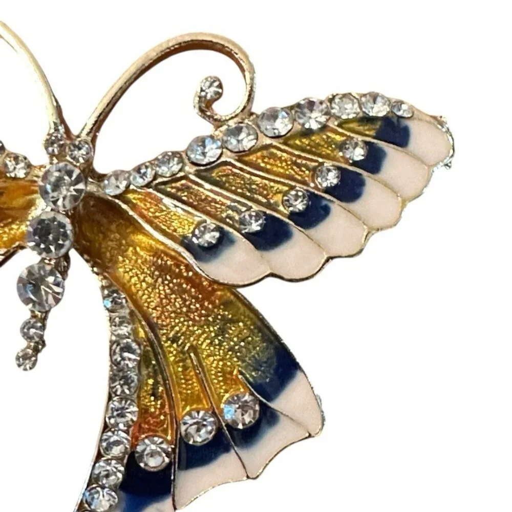 Elegant‎ Butterfly Brooch Pin Unbranded Yellow Blue Sparkle 2 in Gold Tone